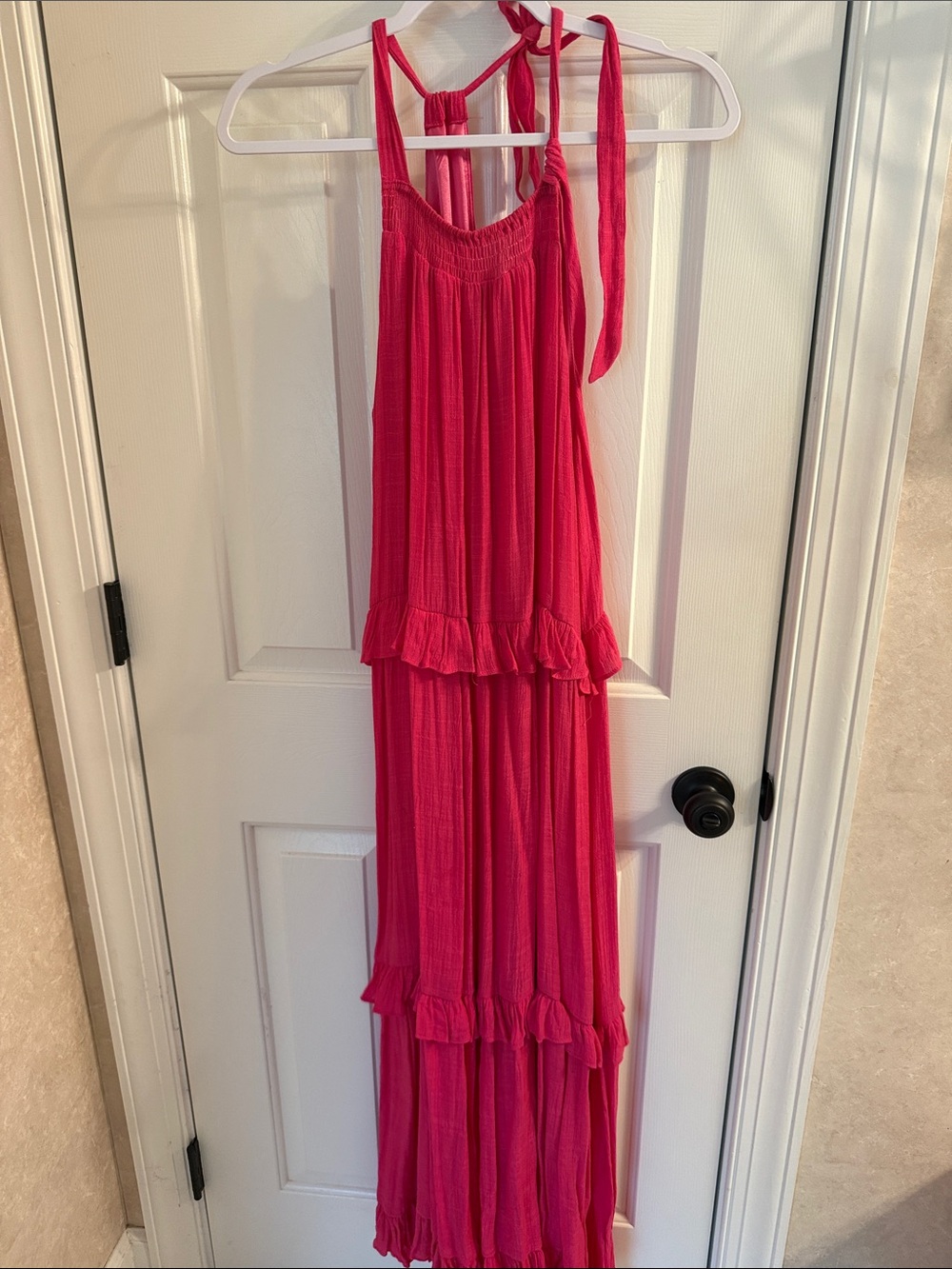 Bright Pink Tiered Halter Maxi Dress